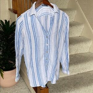 Jones & Co New York Casual Pure Linen Button Down Coastal Striped Shirt